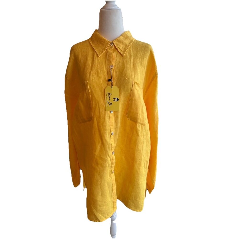 Bright Yellow Linen Button Up Blouse Women's XL Pockets Bohemian